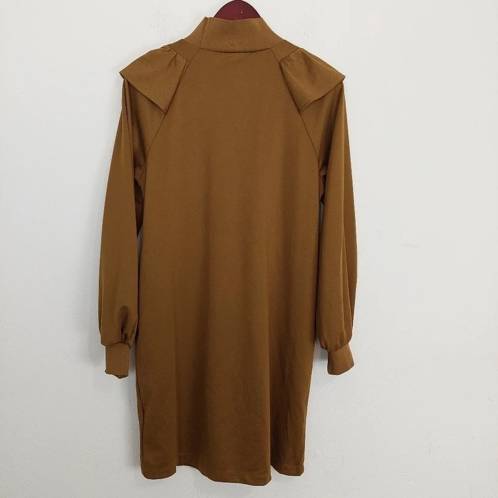 Who What‎ Wear Mock Ruffled Neck Sheath Long Sleeve Dress Brown  Pockets Size M